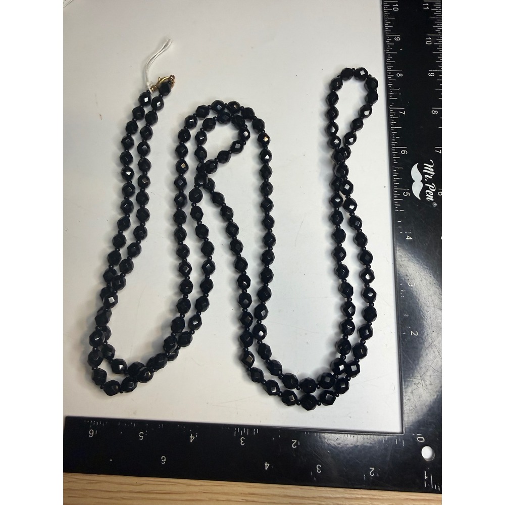 Vintage Black Faceted Glass Bead Double Strand Necklace 48 Inch Flapper Length